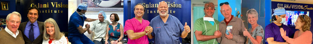 Dr. Gulani the cataract specialist posing with happy patients after their successful vision correction surgery.